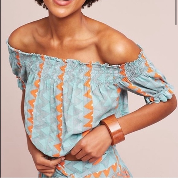 Anthropologie Blue and Orange Smocked Puff Sleeve Blouse - Picture 1 of 10